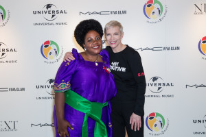Nalumu Vivien Juliet (mothers2mothers Mentor Mother) and Annie Lennox attend the mothers2mothers charity event. (Photo by Vianney Le Caer/REX)