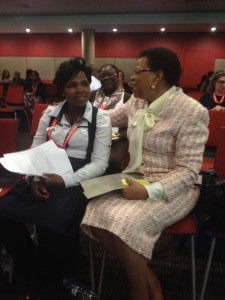 ECD Mentor Mother Thobile talks with Graca Machel before their panel on improving outcomes for young children affected by HIV/AIDS
